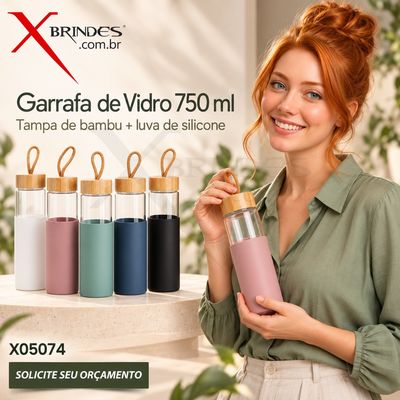 Garrafa de Vidro 750 ml com Tampa de Bambu e Alça X05074