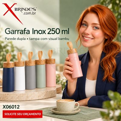 Garrafa Inox 250 ml Parede Dupla com Tampa Efeito Bambu X06012
