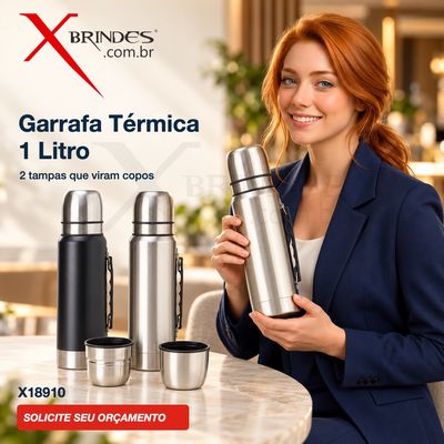Conheça o Brinde Garrafa Térmica Inox 1 Litro com 2 Copos e Alça X18910