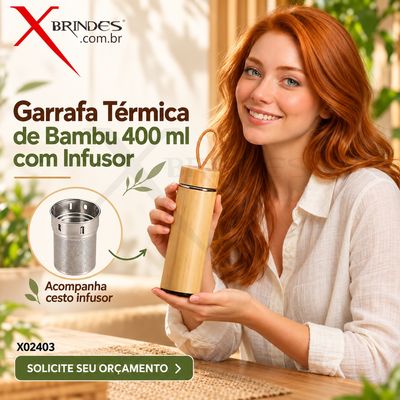 Conheça o Brinde Garrafa Térmica de Bambu 400 ml com Infusor