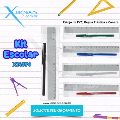 Kit Escolar Estojo de PVC + Regua Plastica  de 20cm + Caneta X14376