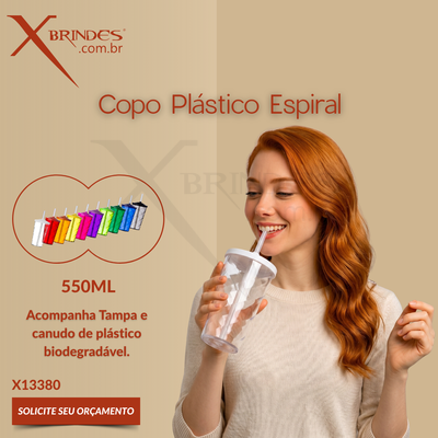 Copo Plástico Espiral 550 ML acompanha Tampa e Canudo X13380