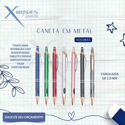 CANETA METAL TOUCH  COM CARGA AZUL E GRIPS DE BORRACHA X06086B