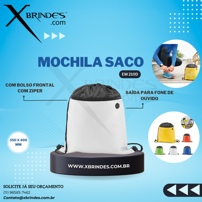 Conheça o Brinde MOCHILA TIPO SACO COM BOLSO NA FRENTE E ABERTURA PRA FONE X92912