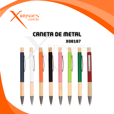 Caneta de Metal com Detalhes em Bambu Carga cor Azul X08187