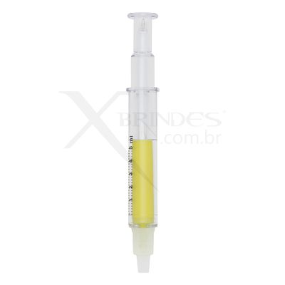 Conheça o Brinde Caneta plástica formato seringa, contém marca texto e carga esferográfica azul X00006