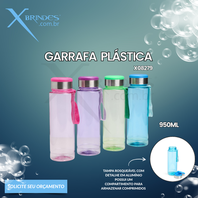 Conheça o Brinde Garrafa Plástica Com 950 Ml De Capacidade E Porta Comprimido Na Tampa X08279
