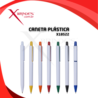 Conheça o Brinde Caneta plástica Modelo Basico corpo branco detalhes coloridos X18522