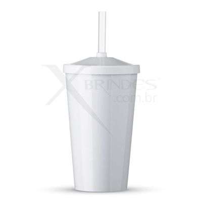 COPO PLÁSTICO 550ML BRANCO C/ TAMPA E CANUDO