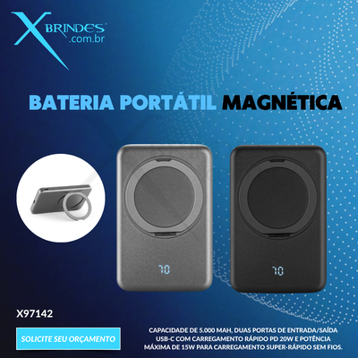 Conheça o Brinde Bateria portátil magnética em ABS 100% reciclado com suporte, carregador wireless super-rápido 15W X