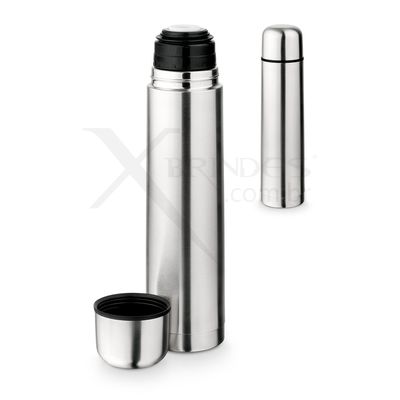 Garrafa de 1L em aço inox de parede dupla térmica, isolada a vácuo.