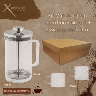 Kit Cafeteira em vidro borossilicato + 2 Xícaras de Vidro X94295