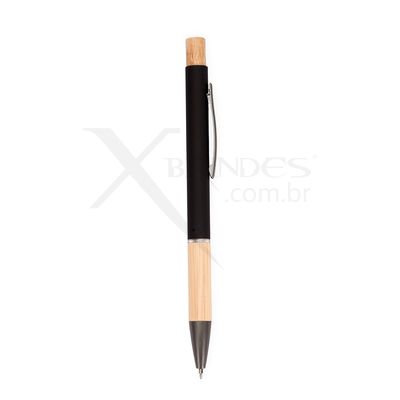 Caneta de Metal com Detalhes em Bambu Carga cor Azul X08187