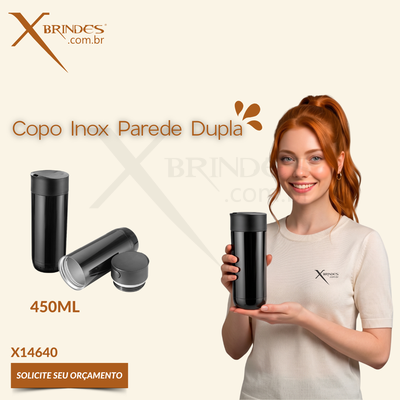 Copo em Inox de 450ML com tampa rosqueável e parede dupla X14640