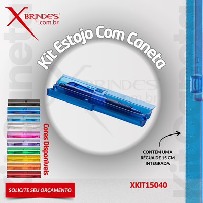 Conheça o Brinde KIT ESTOJO PLASTICO COM CANETA E REGUA INTEGRADA XKIT15040