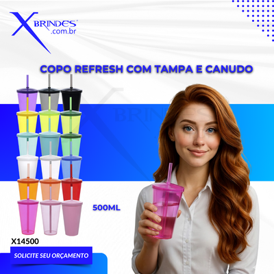 Copo Refresh com Tampa e Canudo possui capacidade de 500ml X14500