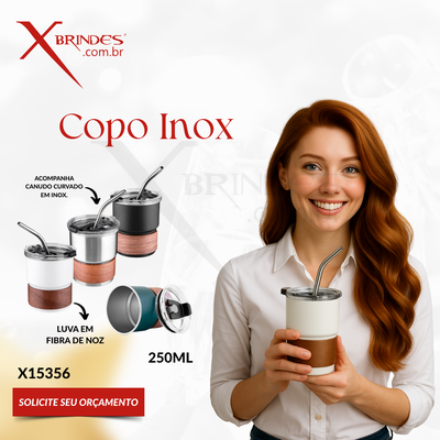 Copo em inox 304 de 250 ML Com Canudo Curvado em Inox X15356