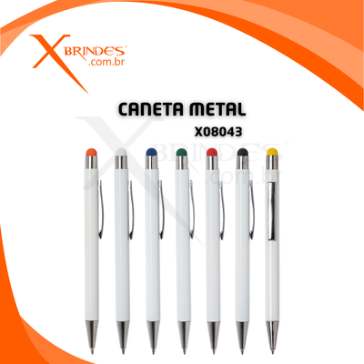 Conheça o Brinde Caneta Corpo De Metal Branca Com Ponteira Touch Colorida X08043