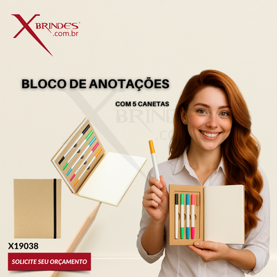 Bloco de anotações capa dura em kraft sem pautas Com cinco canetas X19038